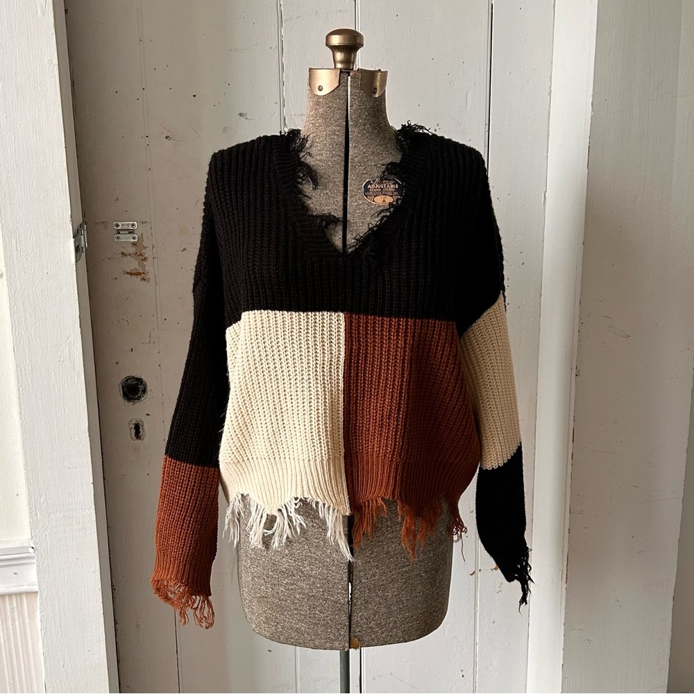 Jost Polly Color Block Eye Lash Fringe Cropped Knit Sweater